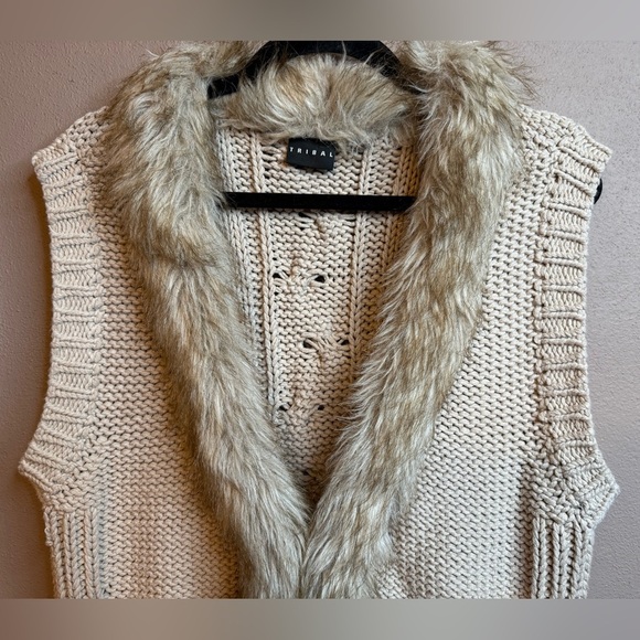 Tribal Faux Fur Trim Chunky Knit Cotton Blend Sweater Vest Jacket Womens XL - Picture 3 of 14